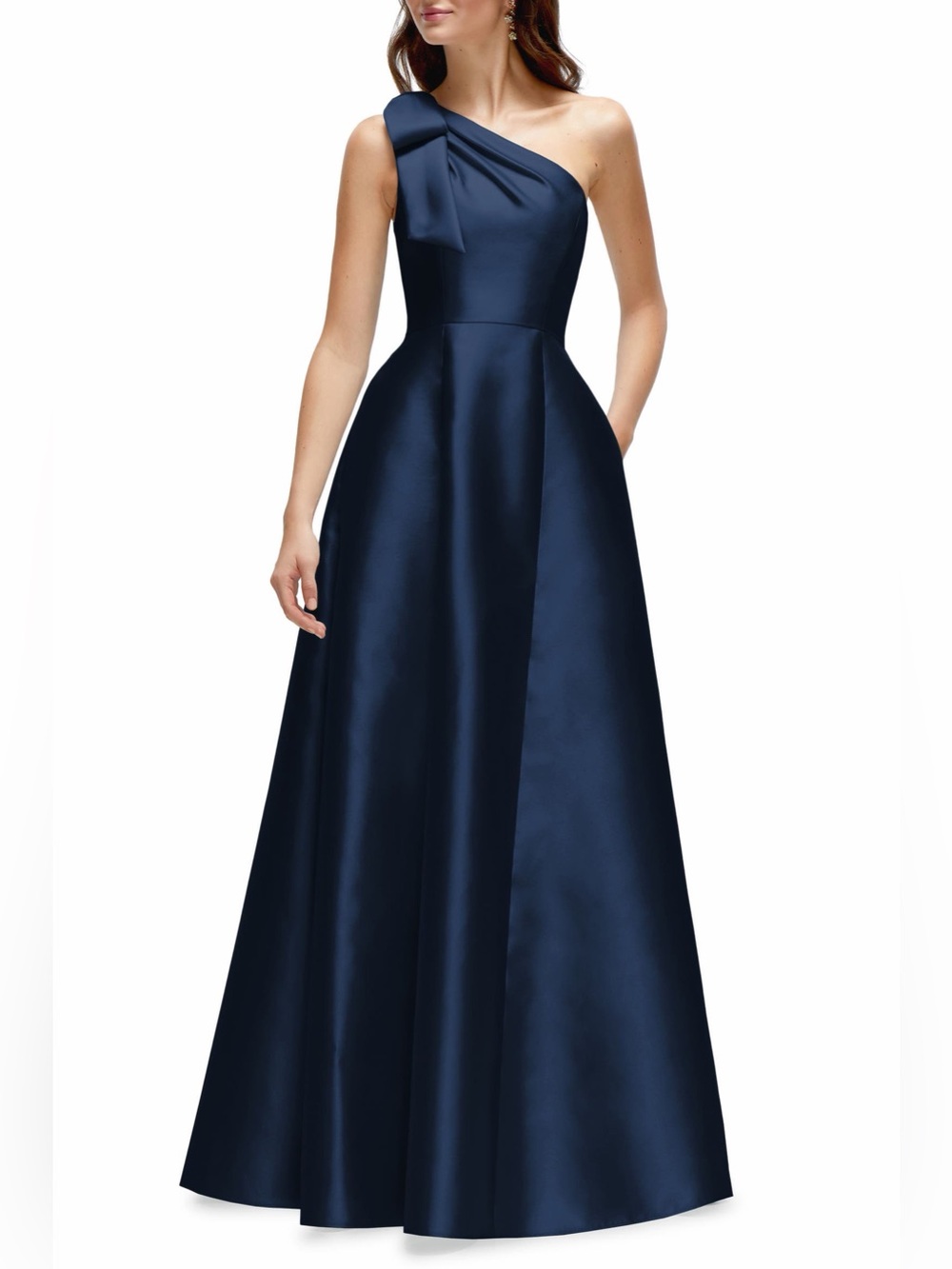 ALFRED SUNG One-Shoulder Navy Satin Evening Gown